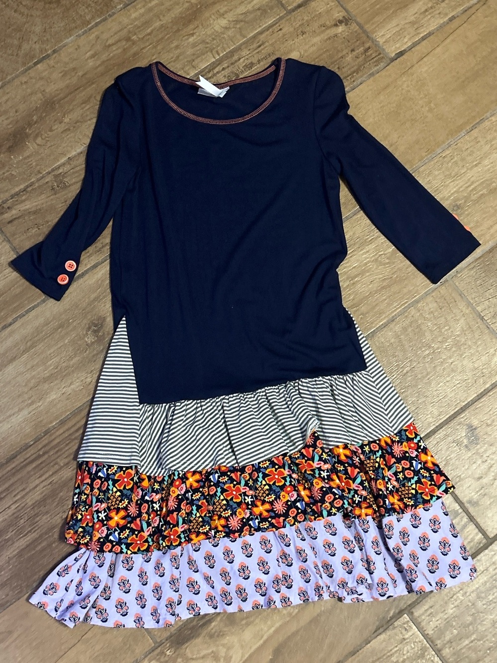 Matilda Jane Navy Long-Sleeve Tiered Floral & Stripe Girls Dress